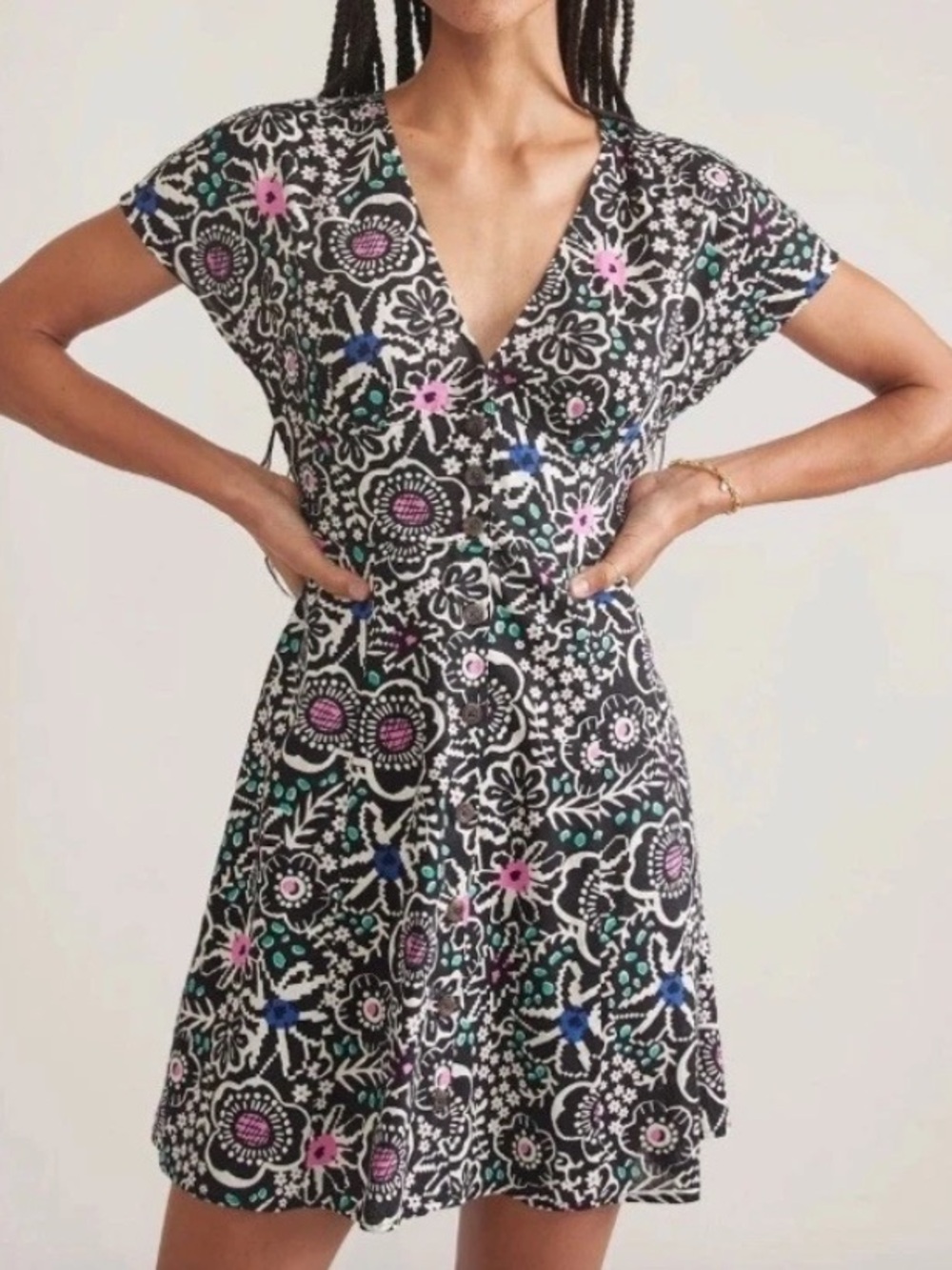 Marine Layer Camila Dress Size Medium Black Floral Hemp Button Front A-Line